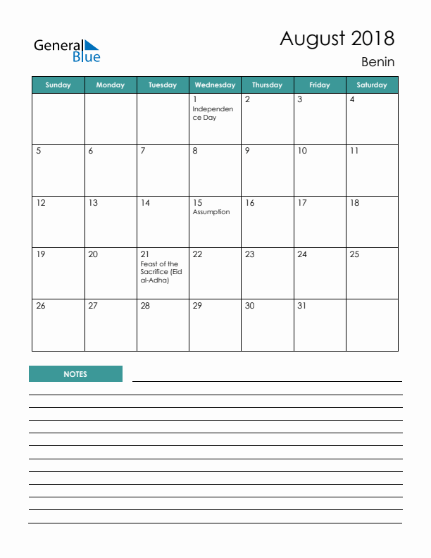 Calendar with Notes Printable - Sunday Start