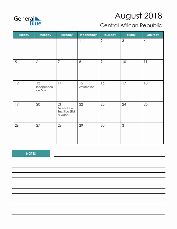 Calendar with Notes Printable - Sunday Start