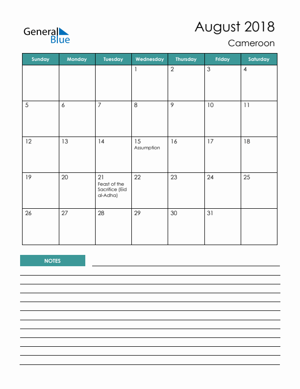 Calendar with Notes Printable - Sunday Start