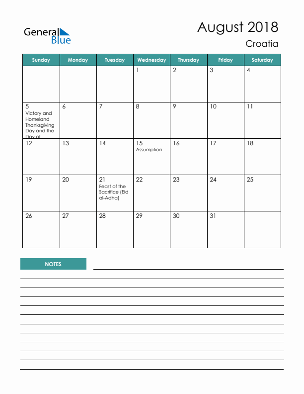 Calendar with Notes Printable - Sunday Start