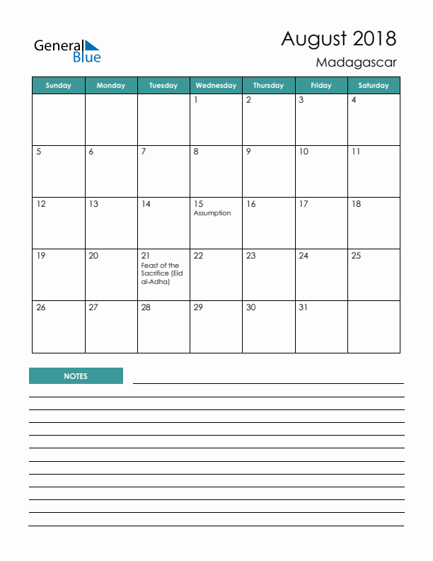 Calendar with Notes Printable - Sunday Start