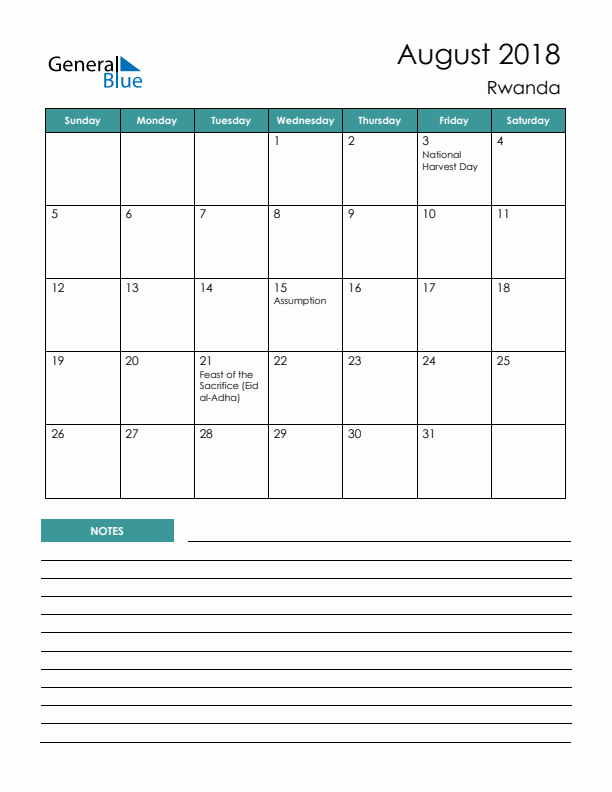 Calendar with Notes Printable - Sunday Start