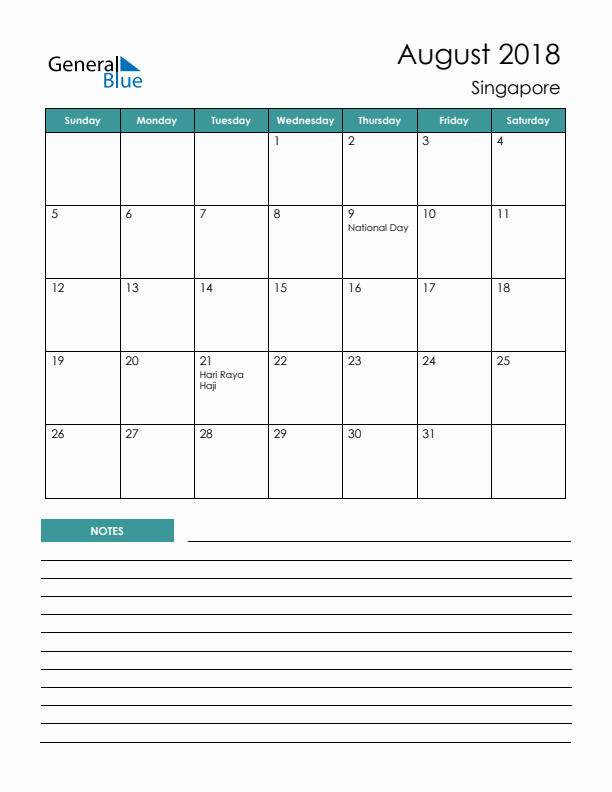 Calendar with Notes Printable - Sunday Start