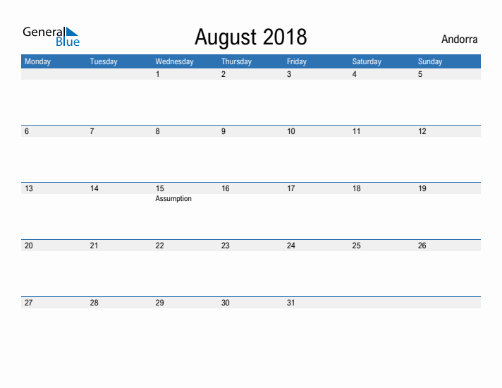 Fillable August 2018 Calendar