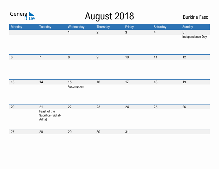 Fillable August 2018 Calendar