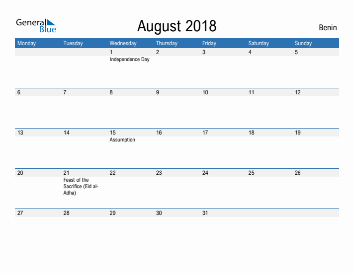 Fillable August 2018 Calendar