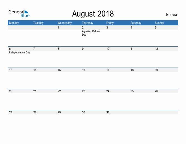 Fillable August 2018 Calendar