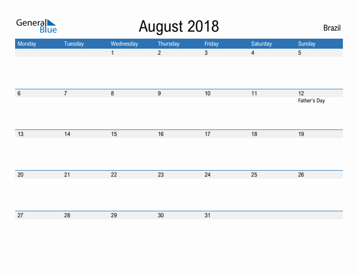 Fillable August 2018 Calendar