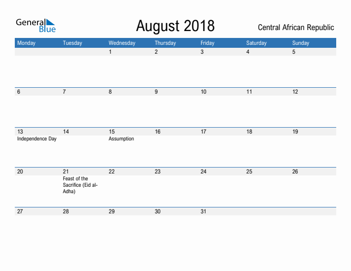 Fillable August 2018 Calendar