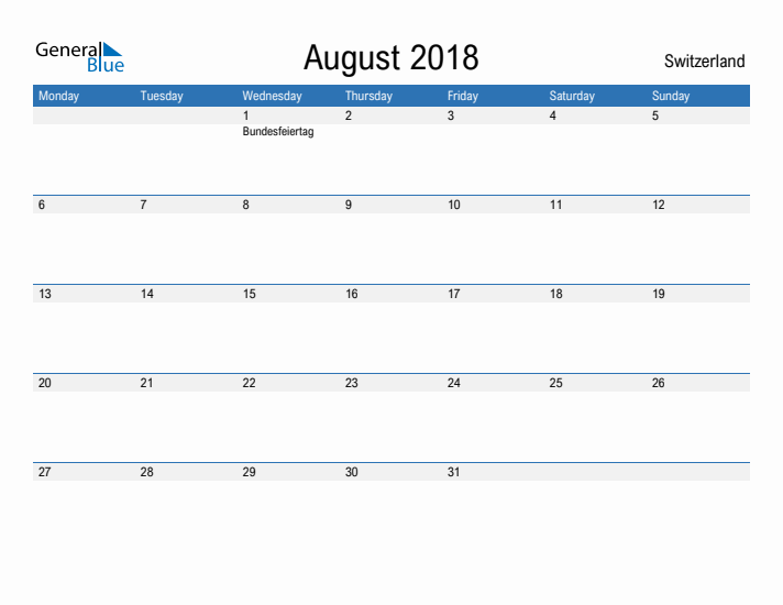 Fillable August 2018 Calendar