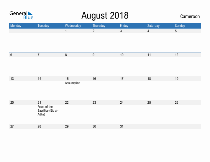 Fillable August 2018 Calendar