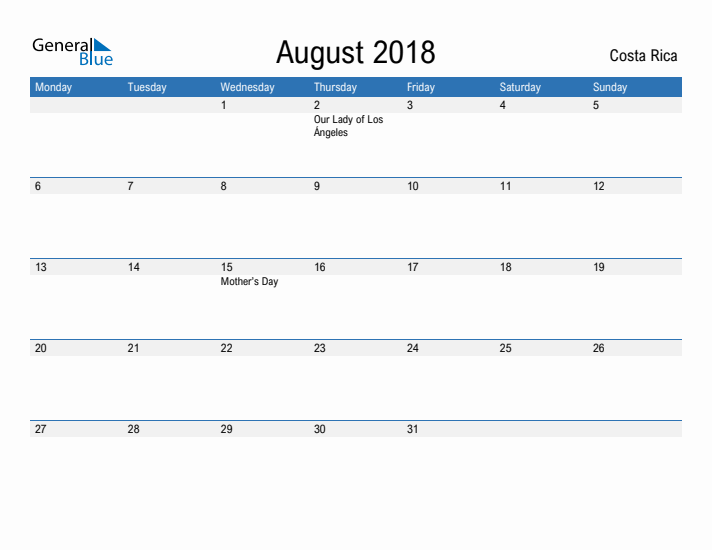 Fillable August 2018 Calendar