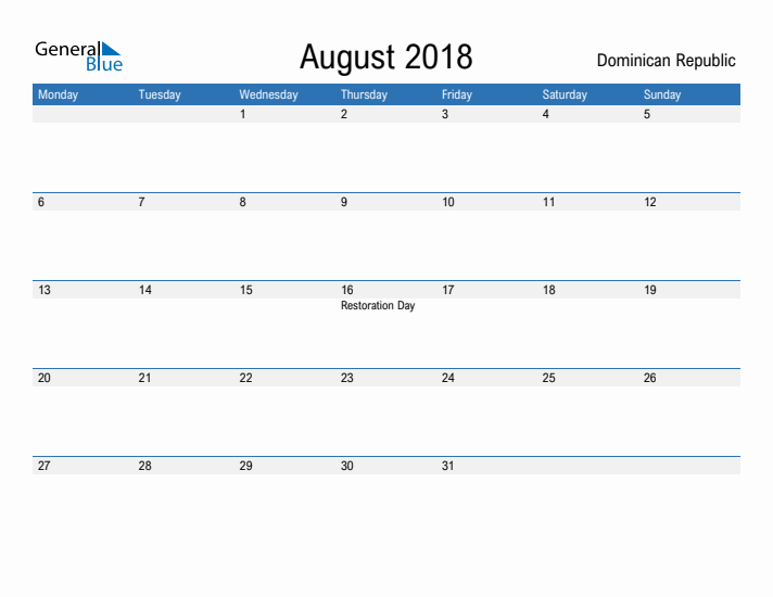 Fillable August 2018 Calendar