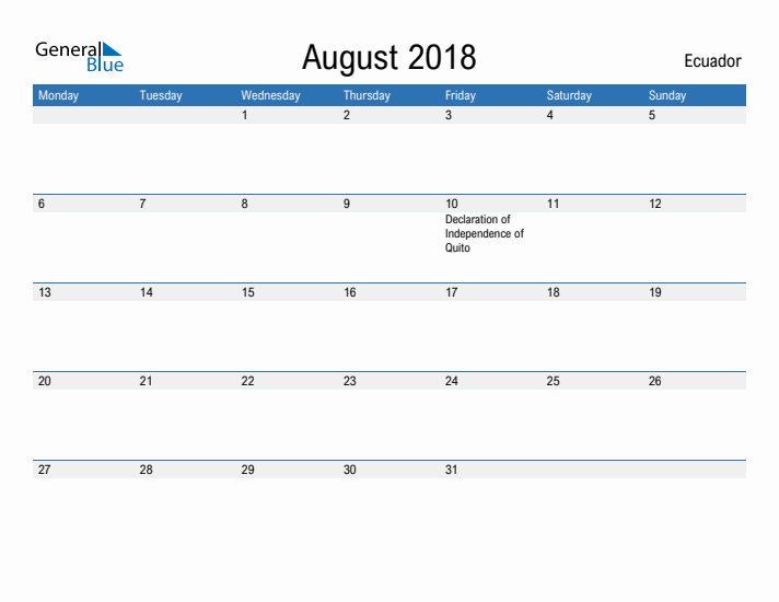 Fillable August 2018 Calendar