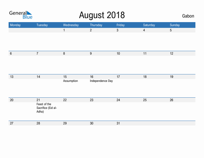 Fillable August 2018 Calendar