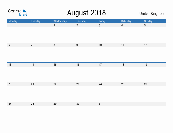 Fillable August 2018 Calendar