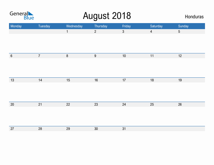 Fillable August 2018 Calendar