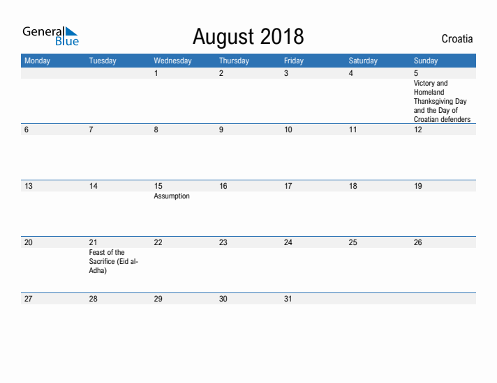 Fillable August 2018 Calendar