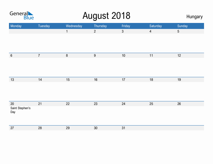 Fillable August 2018 Calendar