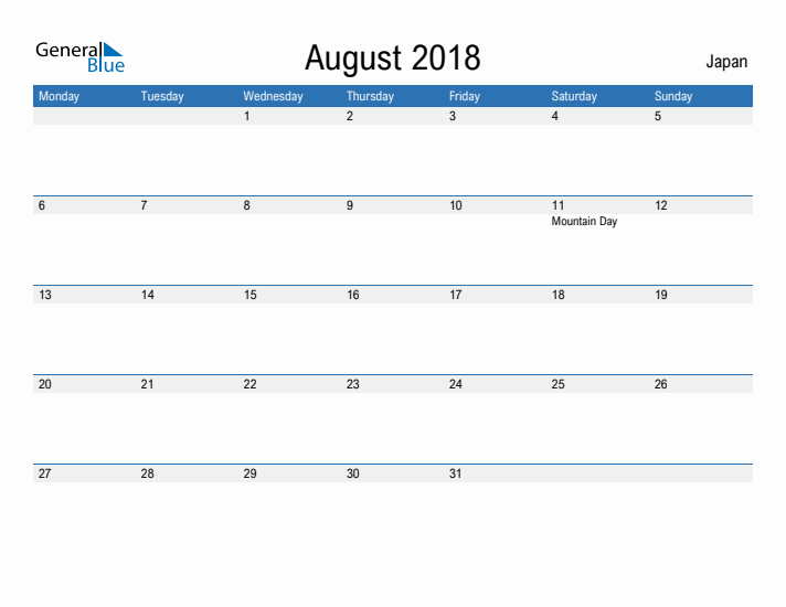 Fillable August 2018 Calendar