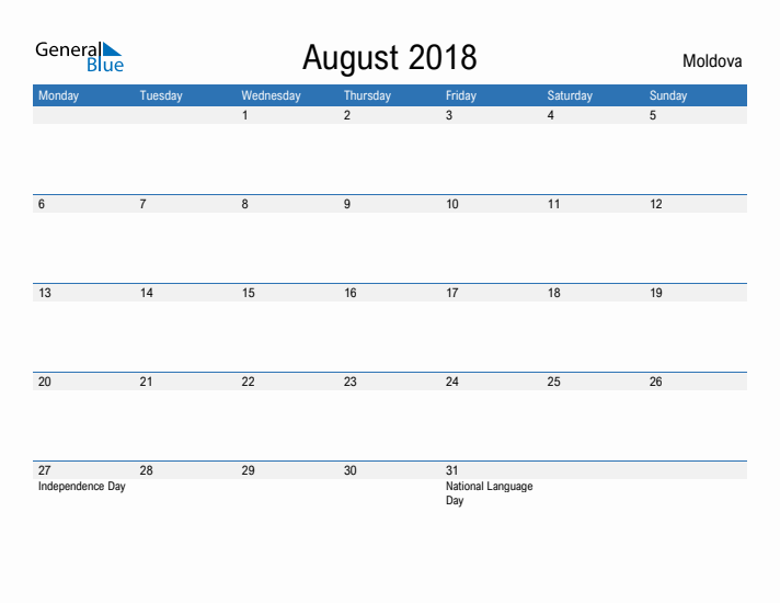 Fillable August 2018 Calendar