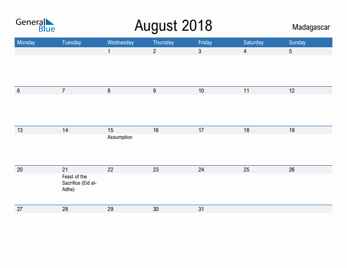 Fillable August 2018 Calendar