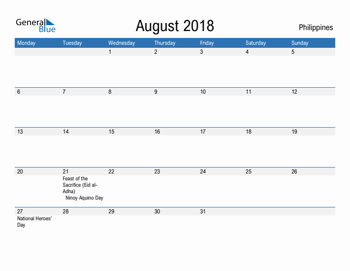 Fillable August 2018 Calendar