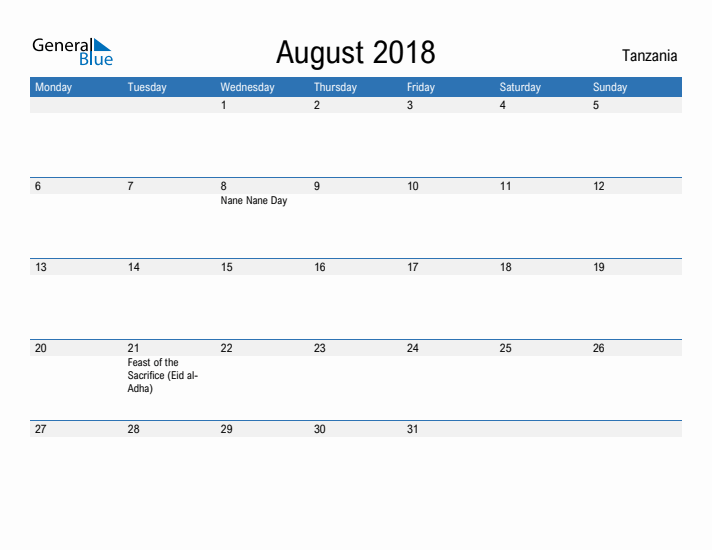 Fillable August 2018 Calendar