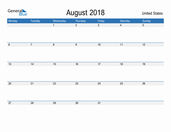 Fillable August 2018 Calendar