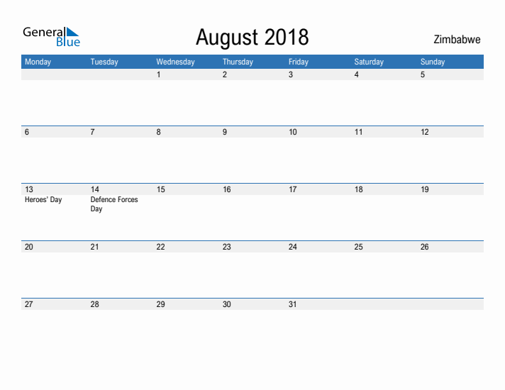 Fillable August 2018 Calendar