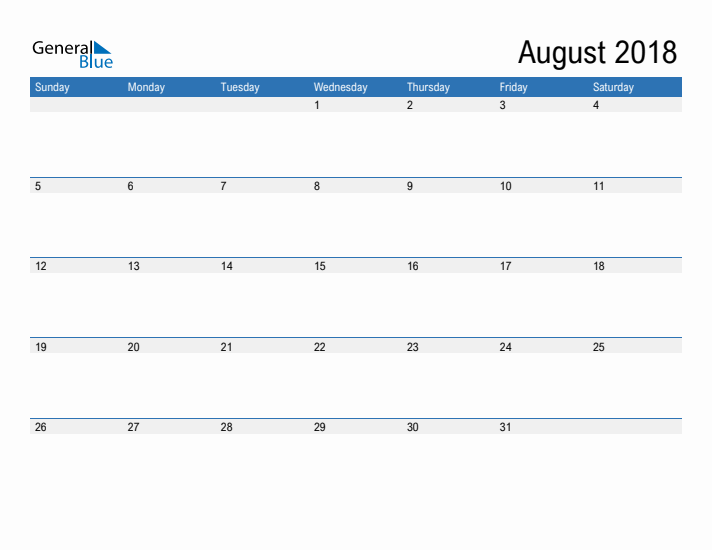 Fillable Calendar for August 2018