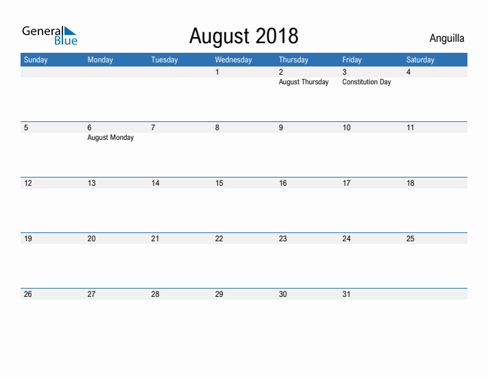 Fillable August 2018 Calendar