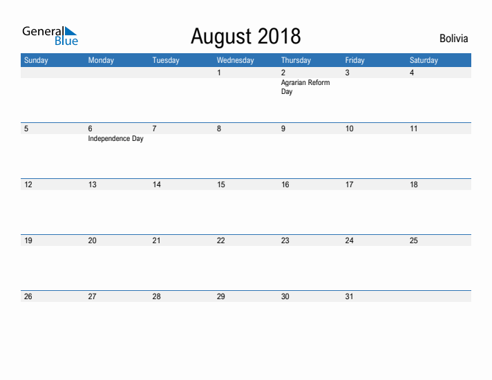 Fillable August 2018 Calendar