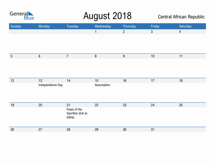 Fillable August 2018 Calendar