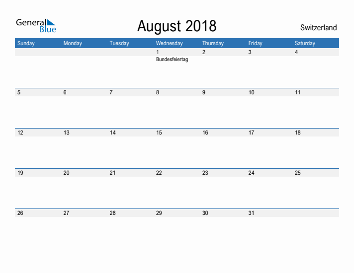 Fillable August 2018 Calendar