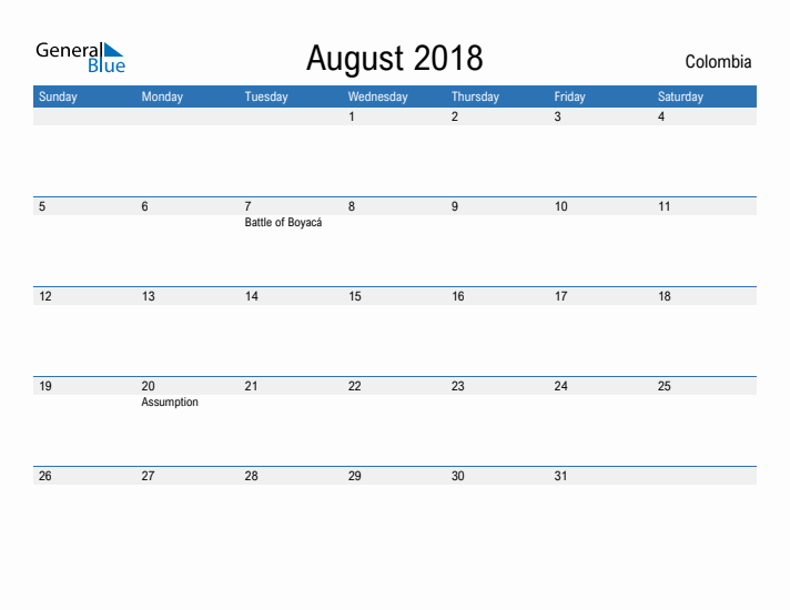 Fillable August 2018 Calendar