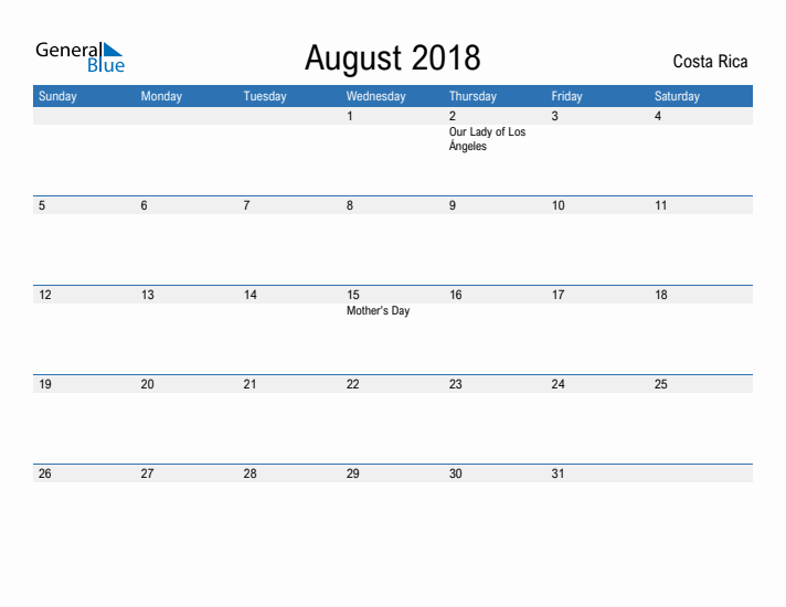 Fillable August 2018 Calendar