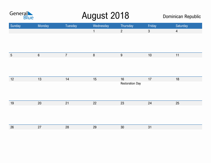 Fillable August 2018 Calendar