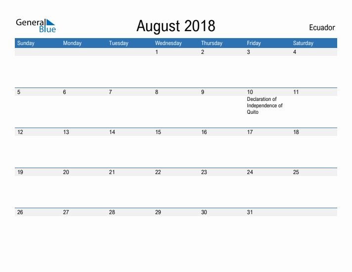 Fillable August 2018 Calendar