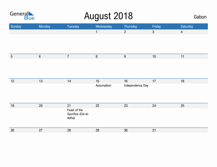 Fillable August 2018 Calendar