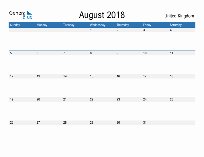 Fillable August 2018 Calendar