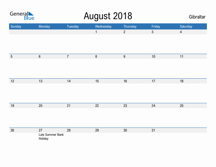 Fillable August 2018 Calendar