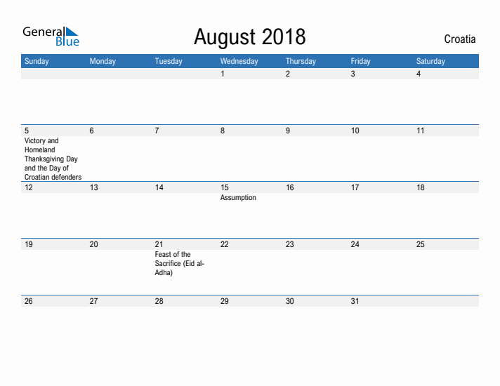 Fillable August 2018 Calendar