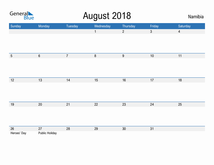 Fillable August 2018 Calendar