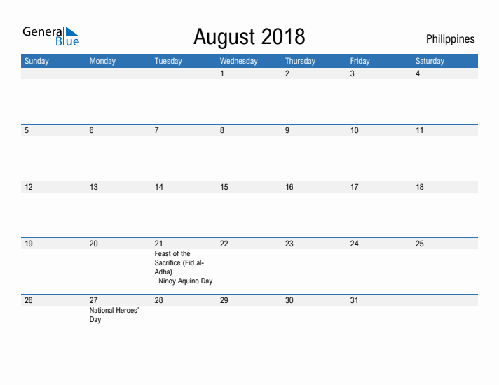 Fillable August 2018 Calendar