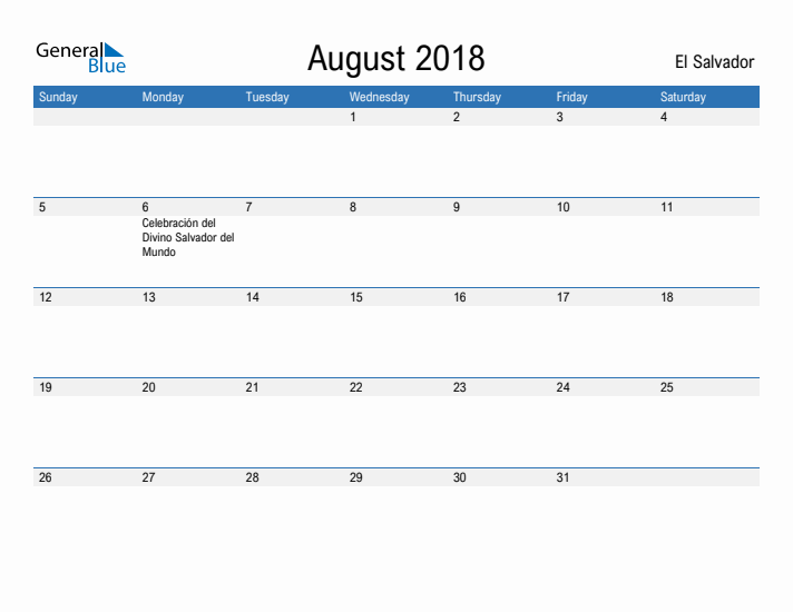 Fillable August 2018 Calendar