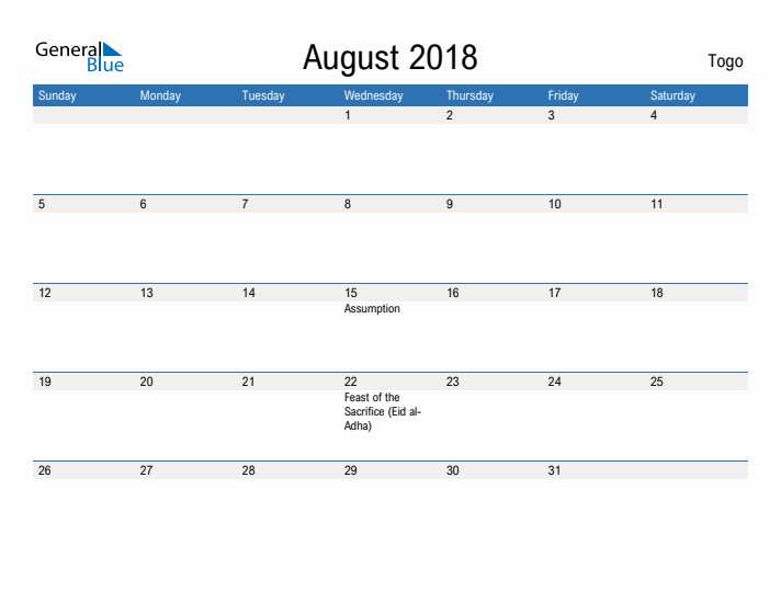 Fillable August 2018 Calendar