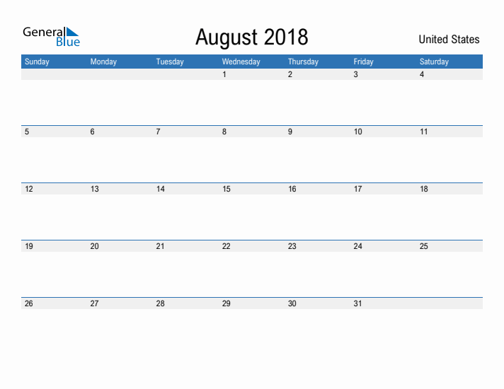 Fillable August 2018 Calendar