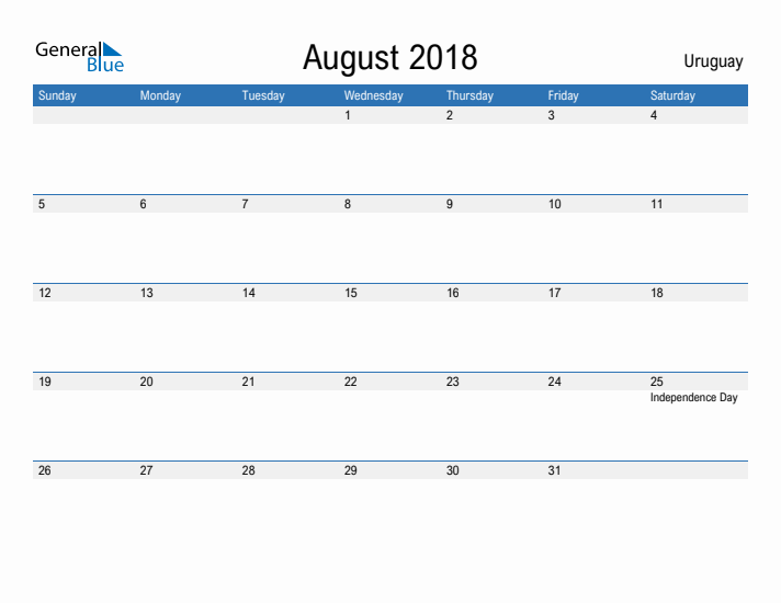 Fillable August 2018 Calendar