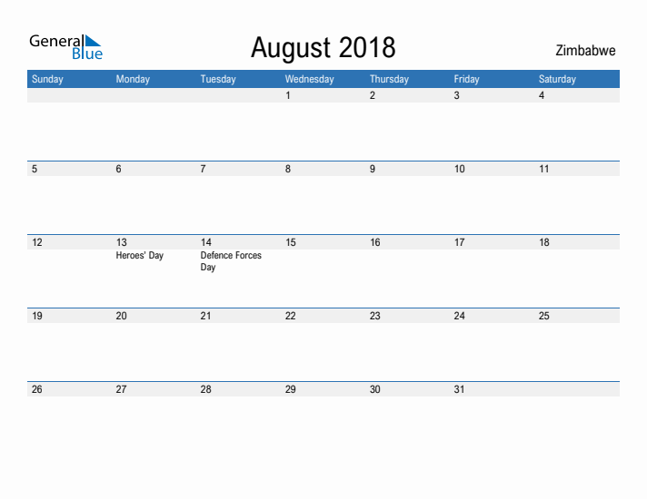 Fillable August 2018 Calendar